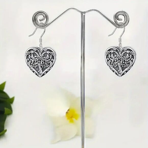 Silvertone Retro Heart Dangle Earrings Filigree Tree of Life Vintage Style Drop - Picture 2 of 5